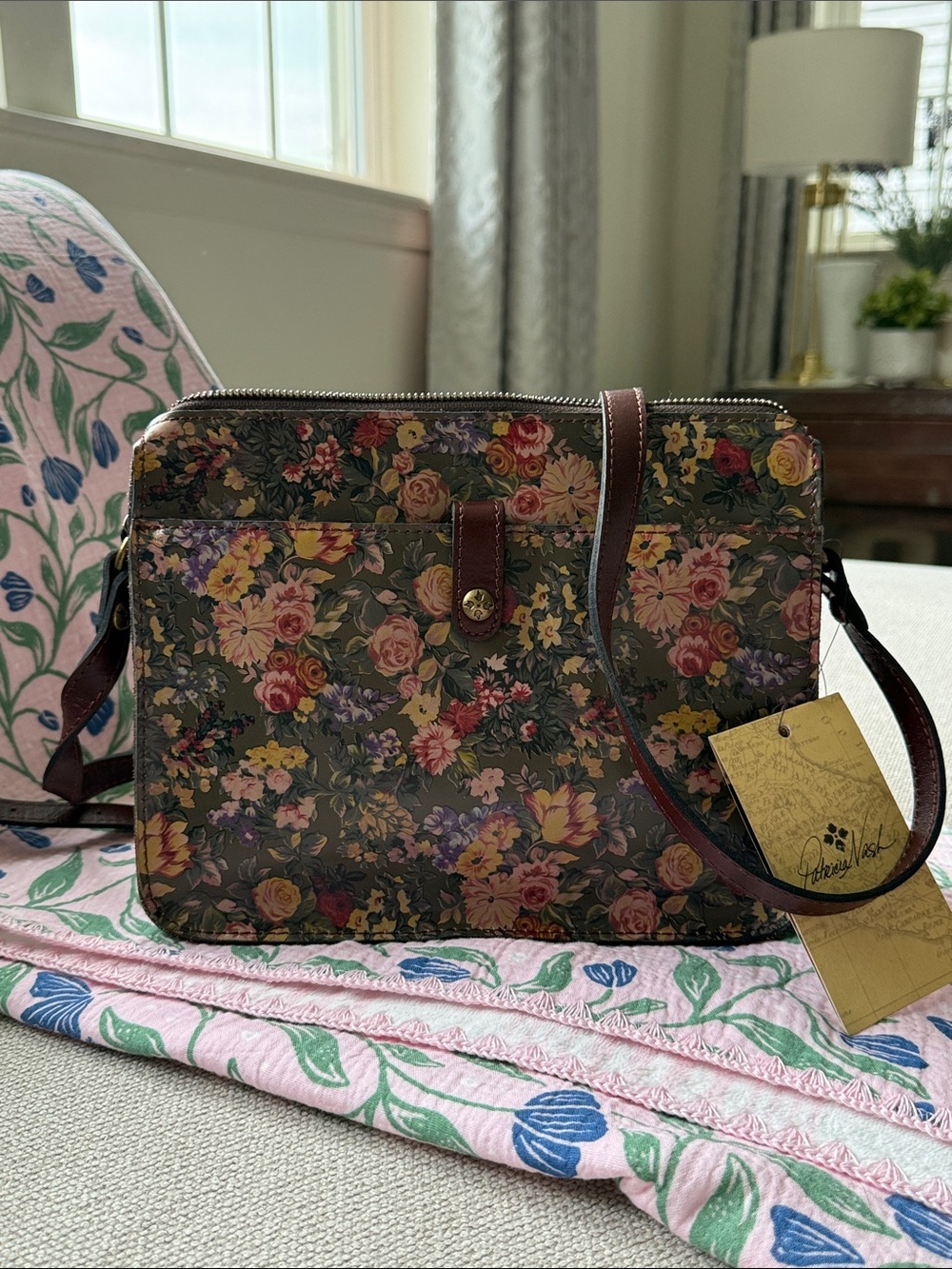 Patricia Nash Olive Floral Crossbody with Brown Trim